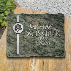 Grabplatte poliert, Ornament vertikal und Schrift aus Aluminium | Modell 33