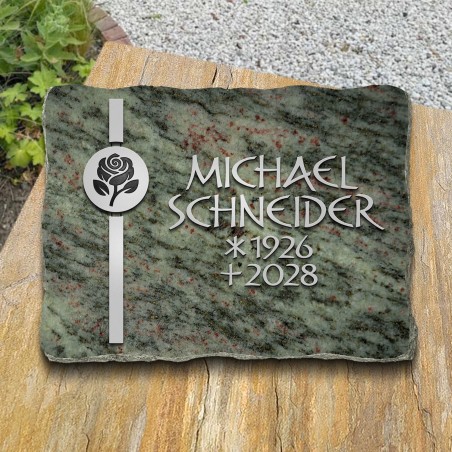 Grabplatte poliert, Ornament vertikal und Schrift aus Aluminium | Modell 33