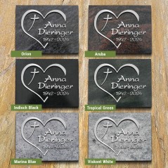 Natursteinarten für Grabplatte satiniert, Herz-Kreuz und Schrift in Aluminium | Modell 27