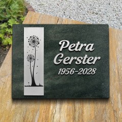 Grabplatte satiniert, Pusteblume und Schrift aus Aluminium | Modell 26