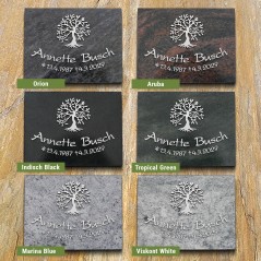Natursteinarten für Grabplatte satiniert, Baum und Schrift in Aluminium | Modell 25