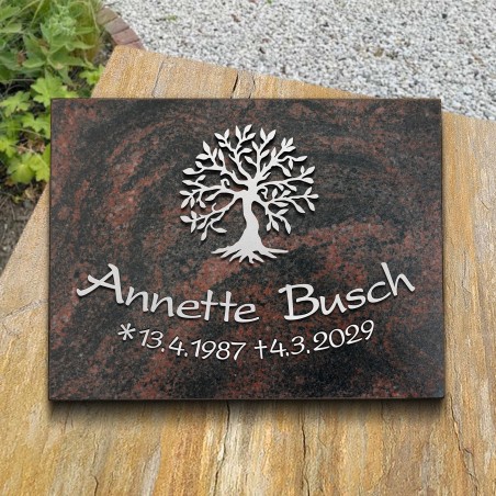 Grabplatte satiniert, Baum und Schrift in Aluminium | Modell 25