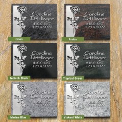 Natursteinarten für Grabplatte satiniert, Rose + Schrift in Aluminium | Modell 18