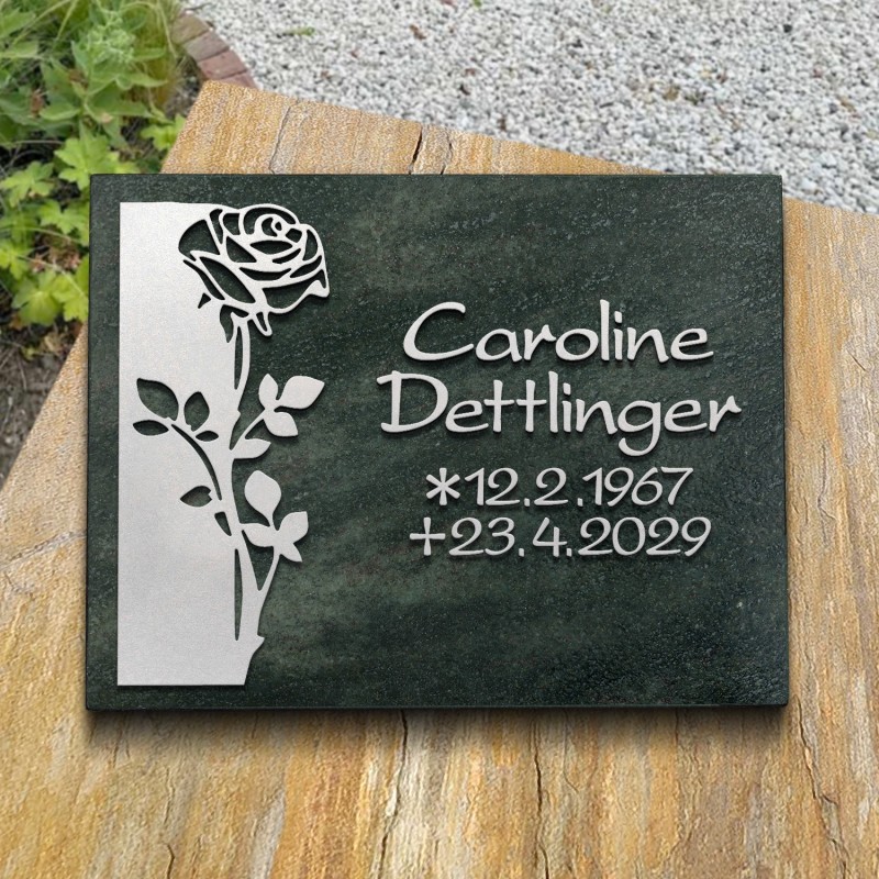 Grabplatte matt satiniert, Rose und Schrift in Aluminium | Modell 18