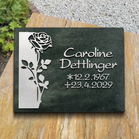 Grabplatte satiniert, Rose und Schrift in Aluminium | Modell 18