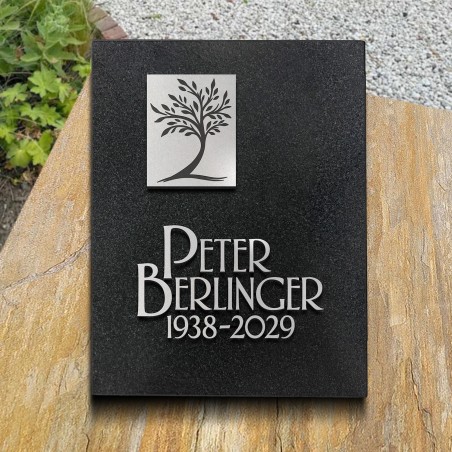 Grabplatte satiniert, Lebensbaum und Schrift in Aluminium | Modell 14