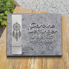 Grabplatte satiniert, Traumfänger und Schrift aus Aluminium | Modell 13