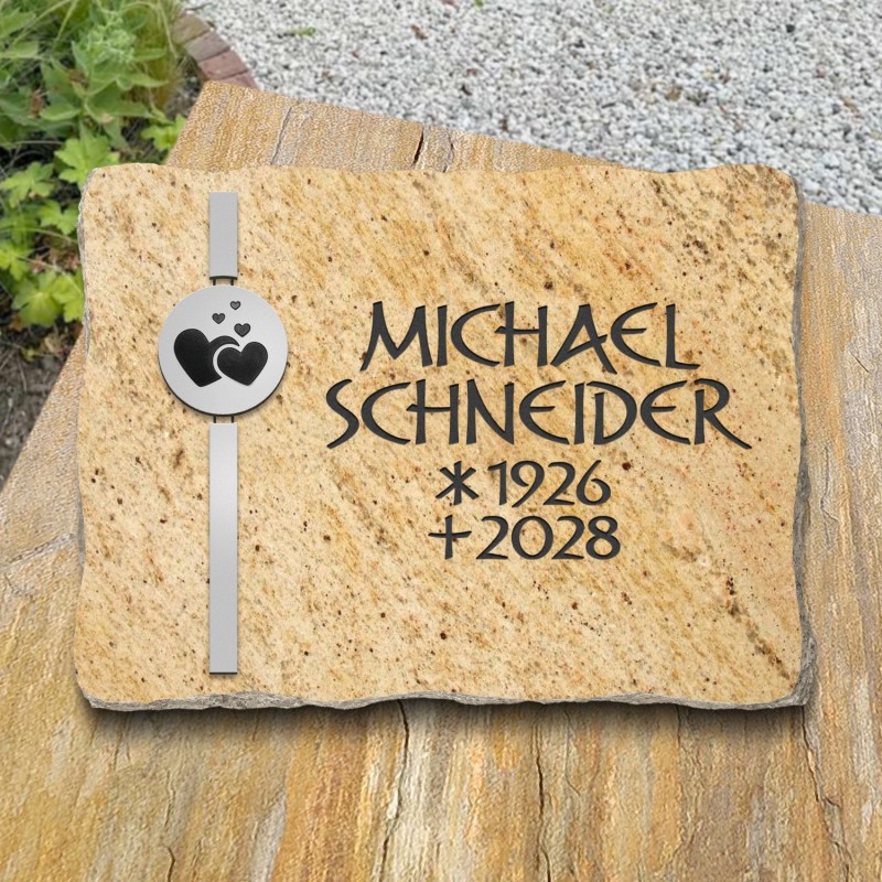 Grabplatte poliert, Ornament in Alu vertikal und Schriftgravur | Modell 32