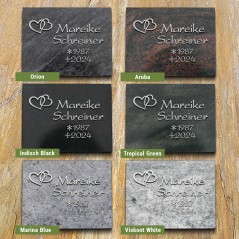 Natursteinarten für Grabplatte satiniert, Herzen und Schrift in Aluminium | Modell 48