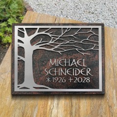 Grabplatte satiniert, mit Baum und Schrift aus Aluminium | Modell 51