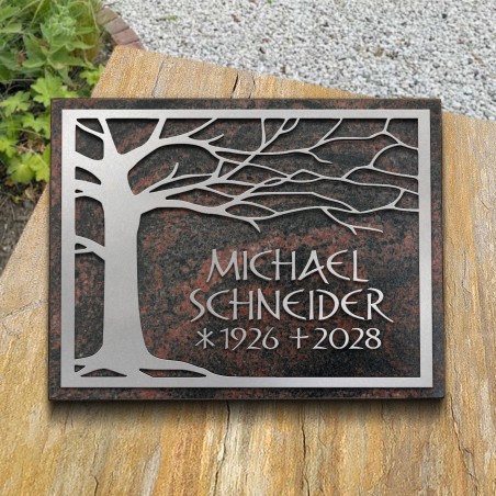 Grabplatte satiniert, mit Baum und Schrift aus Aluminium | Modell 51