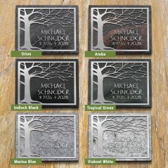 Natursteinarten für Grabplatte satiniert, großer Baum und Schrift in Aluminium | Modell 51