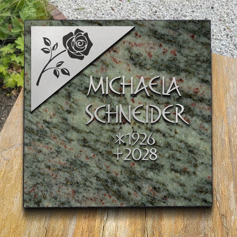 Grabplatte poliert, mit Rose und Schrift  aus Aluminium | Modell 53