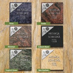 Natursteinarten für Grabplatte poliert, Tafel mit Rose und Schrift in Aluminium | Modell 53
