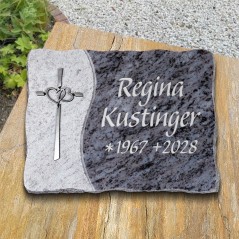 Grabplatte poliert/rauh mit Ornament Kreuz/Herzen in Aluminium und Schriftgravur | Modell 40