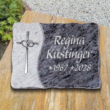 Grabplatte poliert/rauh mit Ornament Kreuz/Herzen in Aluminium und Schriftgravur | Modell 40