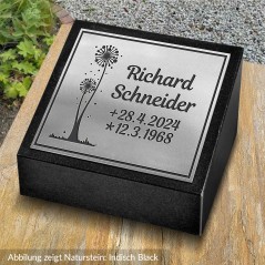 Namenstein poliert, mit gravierter Motivtafel Pusteblume und Inschrift | Modell 38