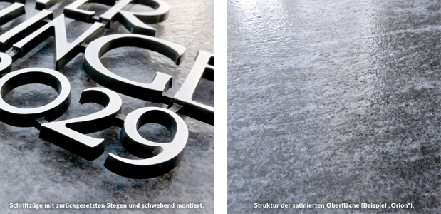 Erhabene Metallschrift auf satinierter Grabplatte